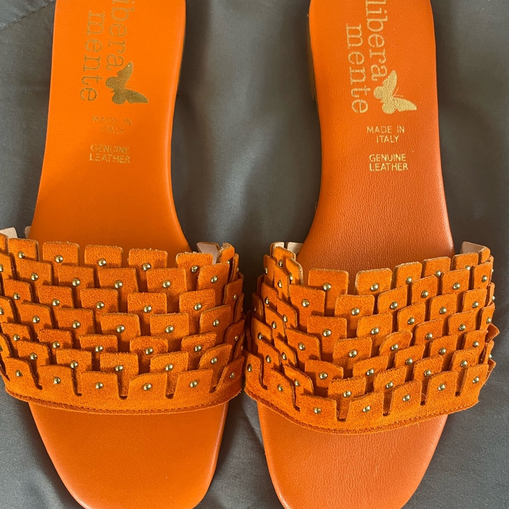 Orange suede studded Italian sandal
